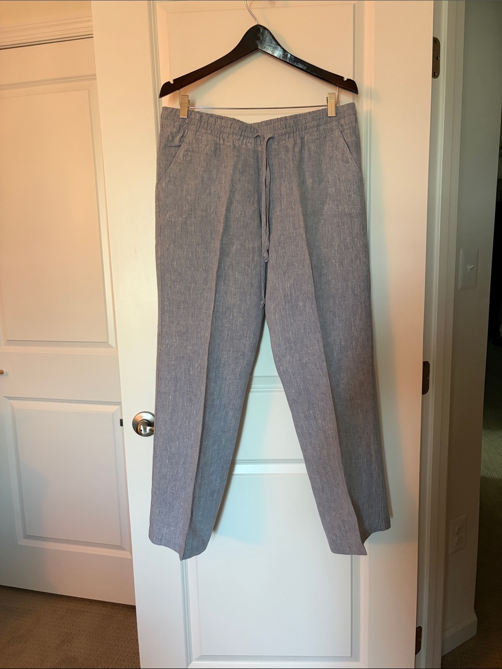 Allen Allen Light Blue Wide-Leg Linen-Blend Pants